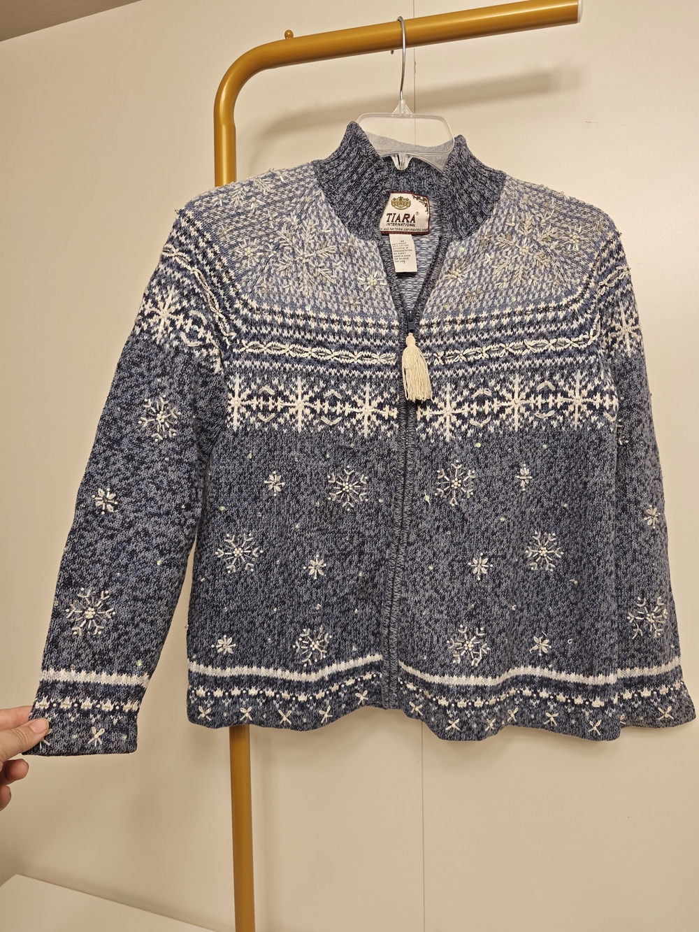 Tiara International Blue Snowflake Fair Isle Beaded Zip Front Sweater Womens M
